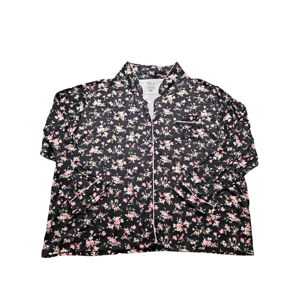 Flora by Flora Nikrooz Black Pink Floral Pajama Top XXL Long Sleeve Sleep Shirt